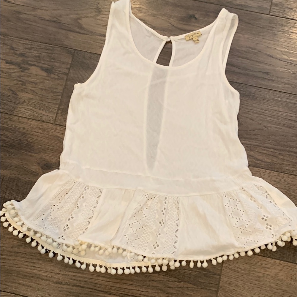 Lily White Tank Top with Pom Pom Hem